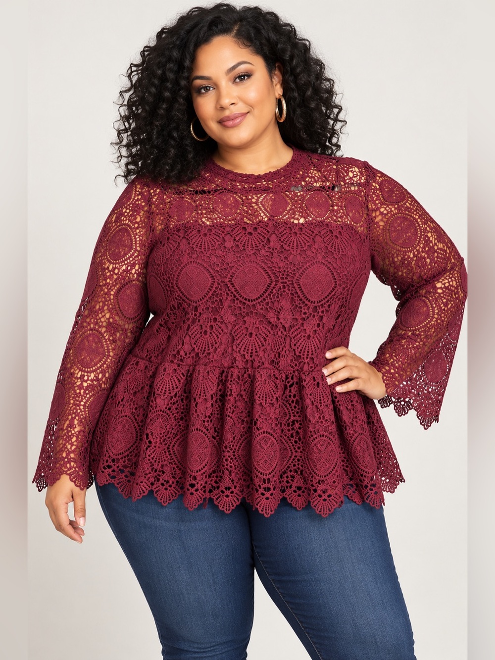 Lane Bryant Size 20 Burgundy Crochet Lace Peplum Blouse Long Sleeve